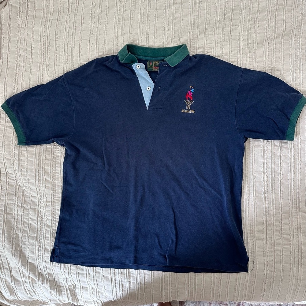 Vintage 90s Atlanta Olympics Navy Polo Shirt with Green Trim